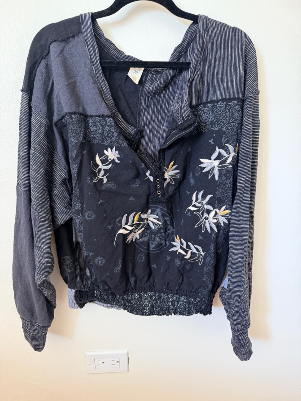 Free People We The Free Navy and White Boho Embroidered Top